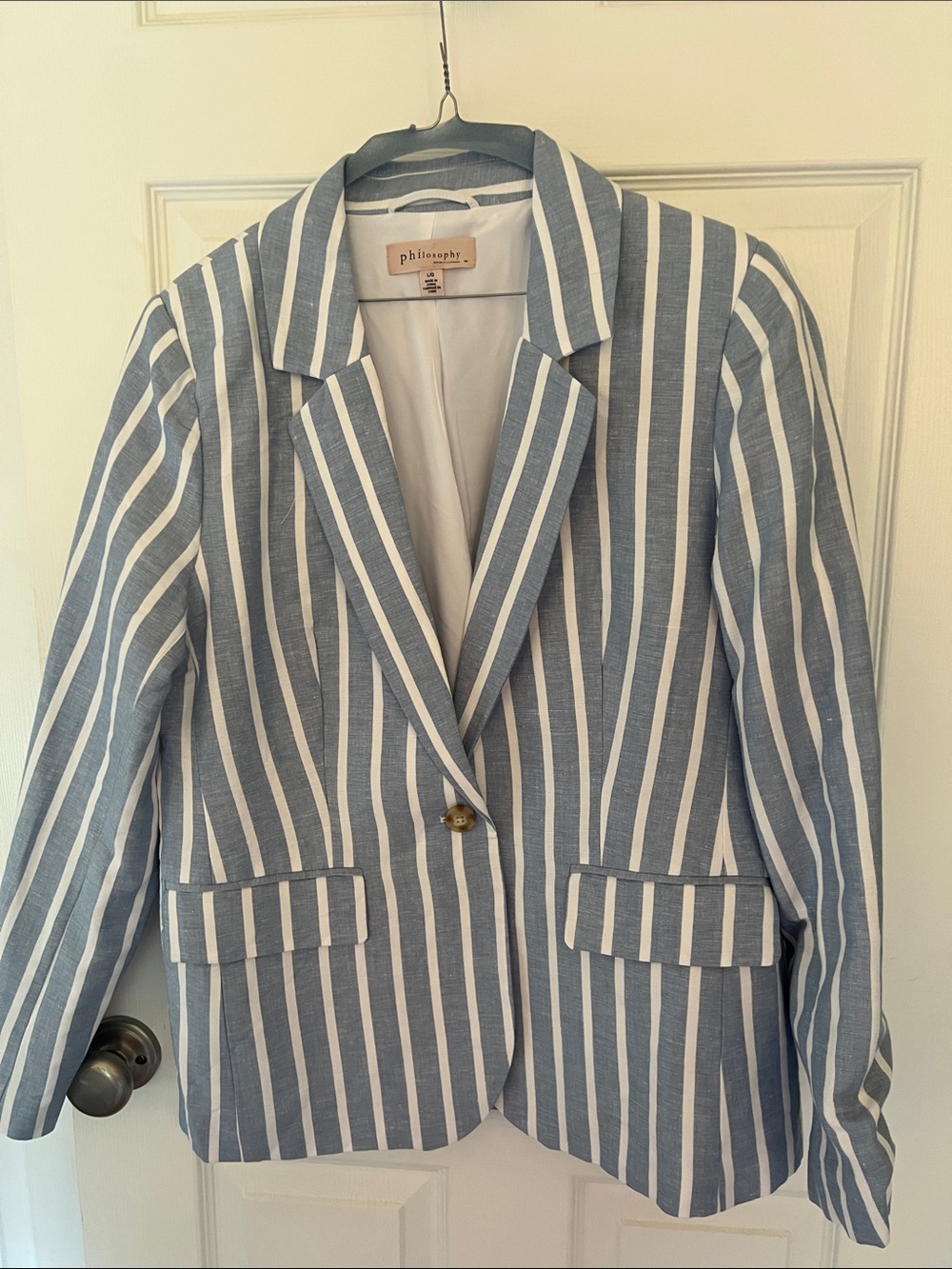 Philosophy Blue and White Vertical Stripe Blazer